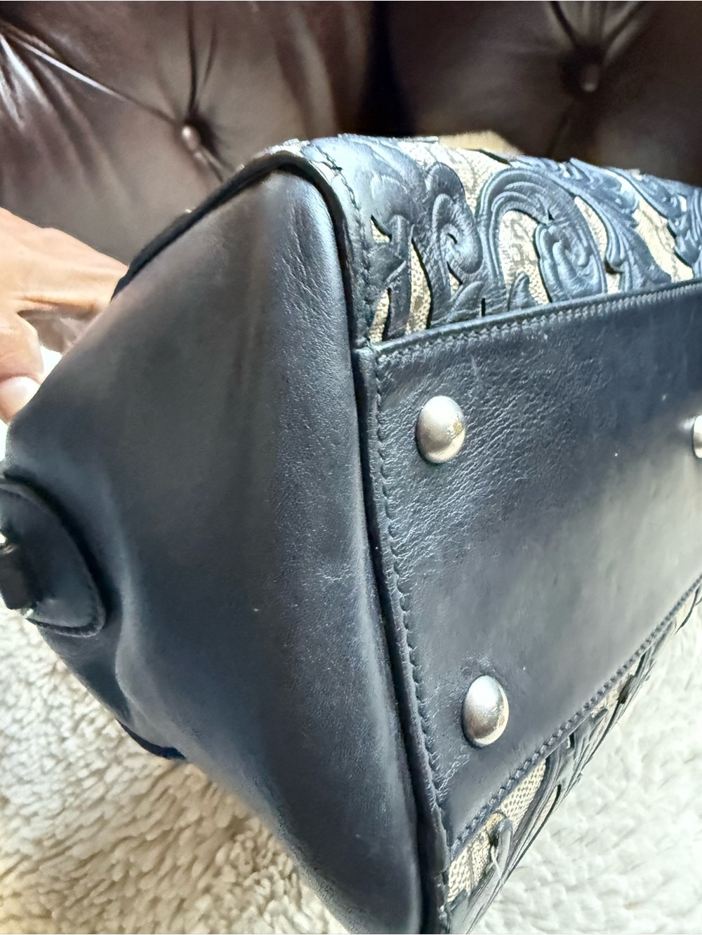 Gucci Preloved Black GG Supreme Arabesque Tooled Floral Leather Accent Satchel - Picture 5 of 17